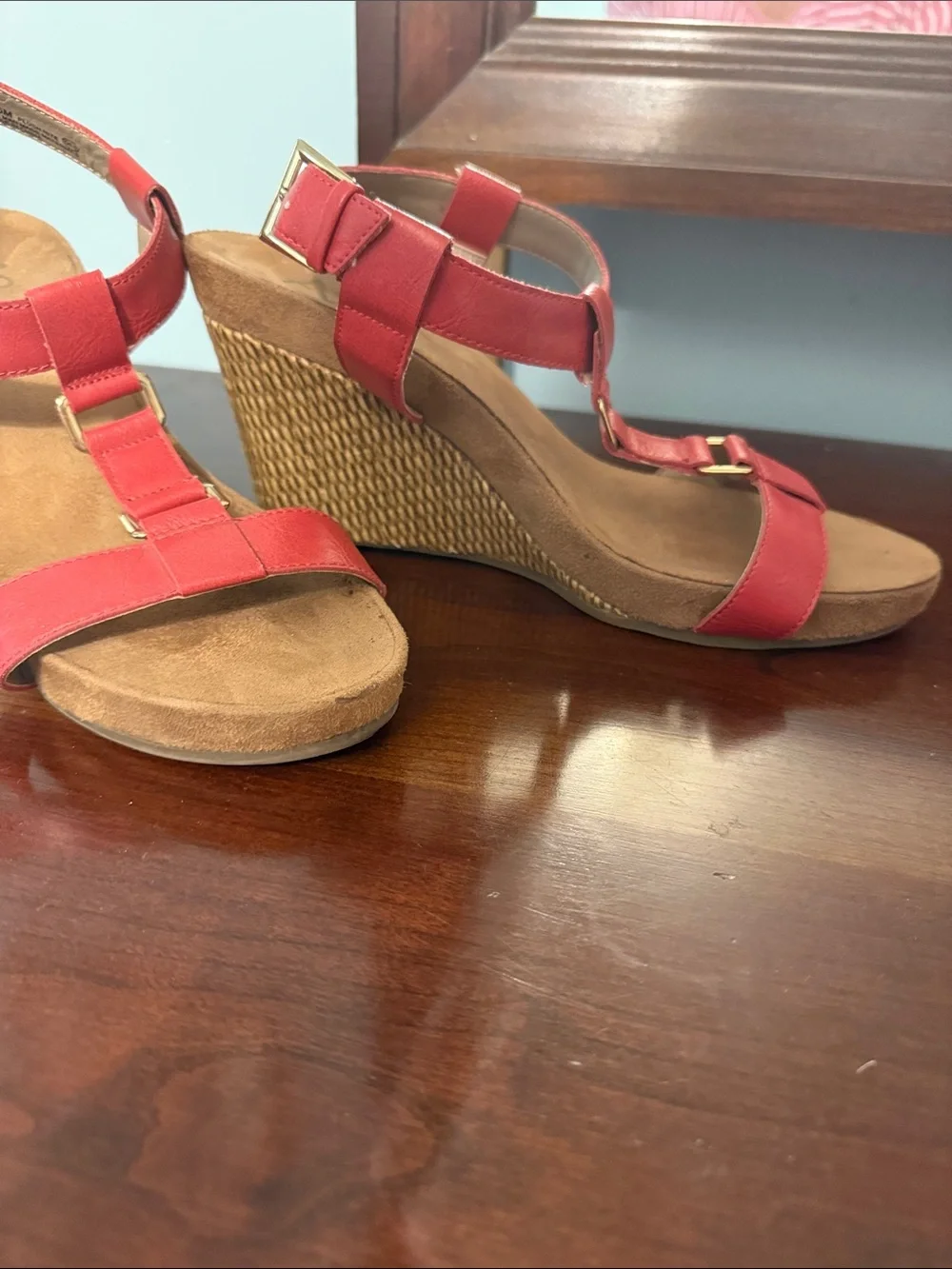 A2 By Aerosoles Red T‑Strap Wedge Sandals with Woven Platform